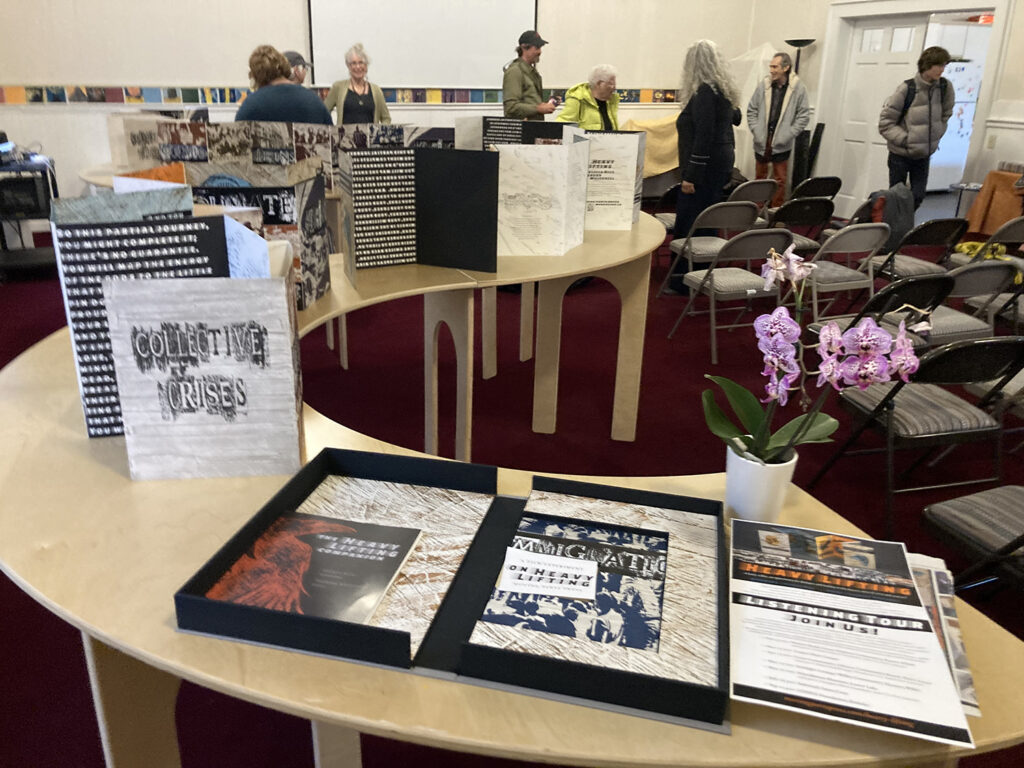 artists' book display with gathering