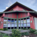 Santa Cruz Public Library Califas book banners in library windows