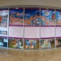 Watsonville Public Library Califas book banners in library windows
