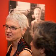 Two women at art opening